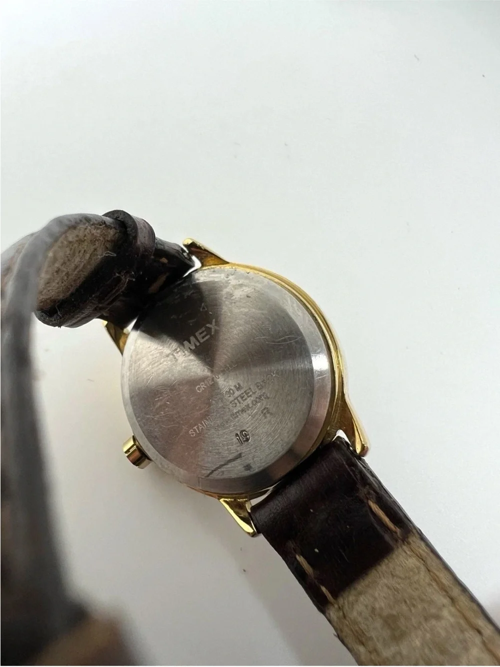 Timex Gold-Tone Round Watch with White Dial and Brown Leather Strap